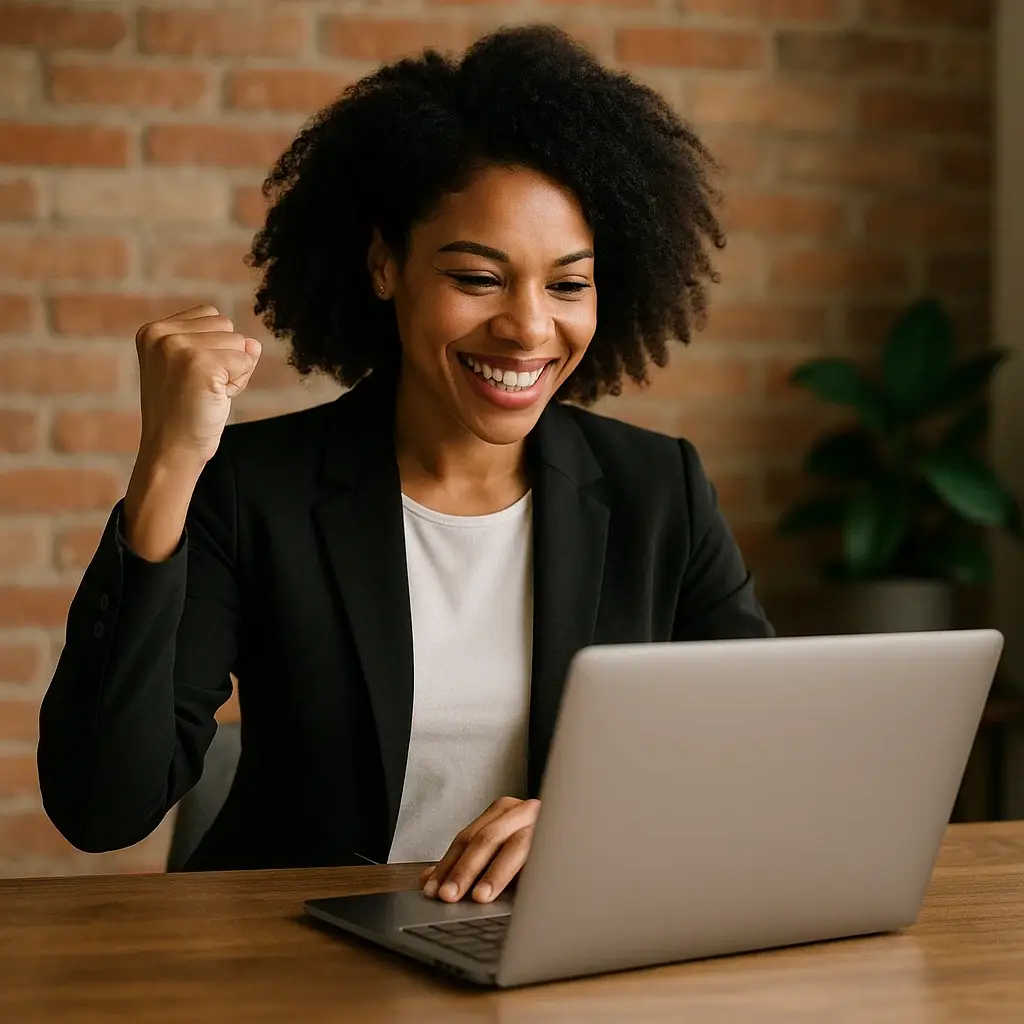 A B2B founder confidently closing a deal on a laptop, representing The Founder Closer B2B Sales Mastery for Service Founders.